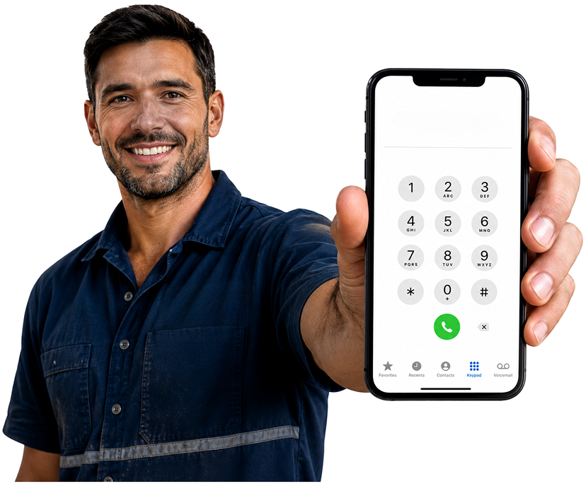 Box Hill Blocked Drains plumber holding a phone — call 1300 261 965