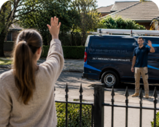 Customer waving goodbye to a Box Hill Blocked Drains plumber